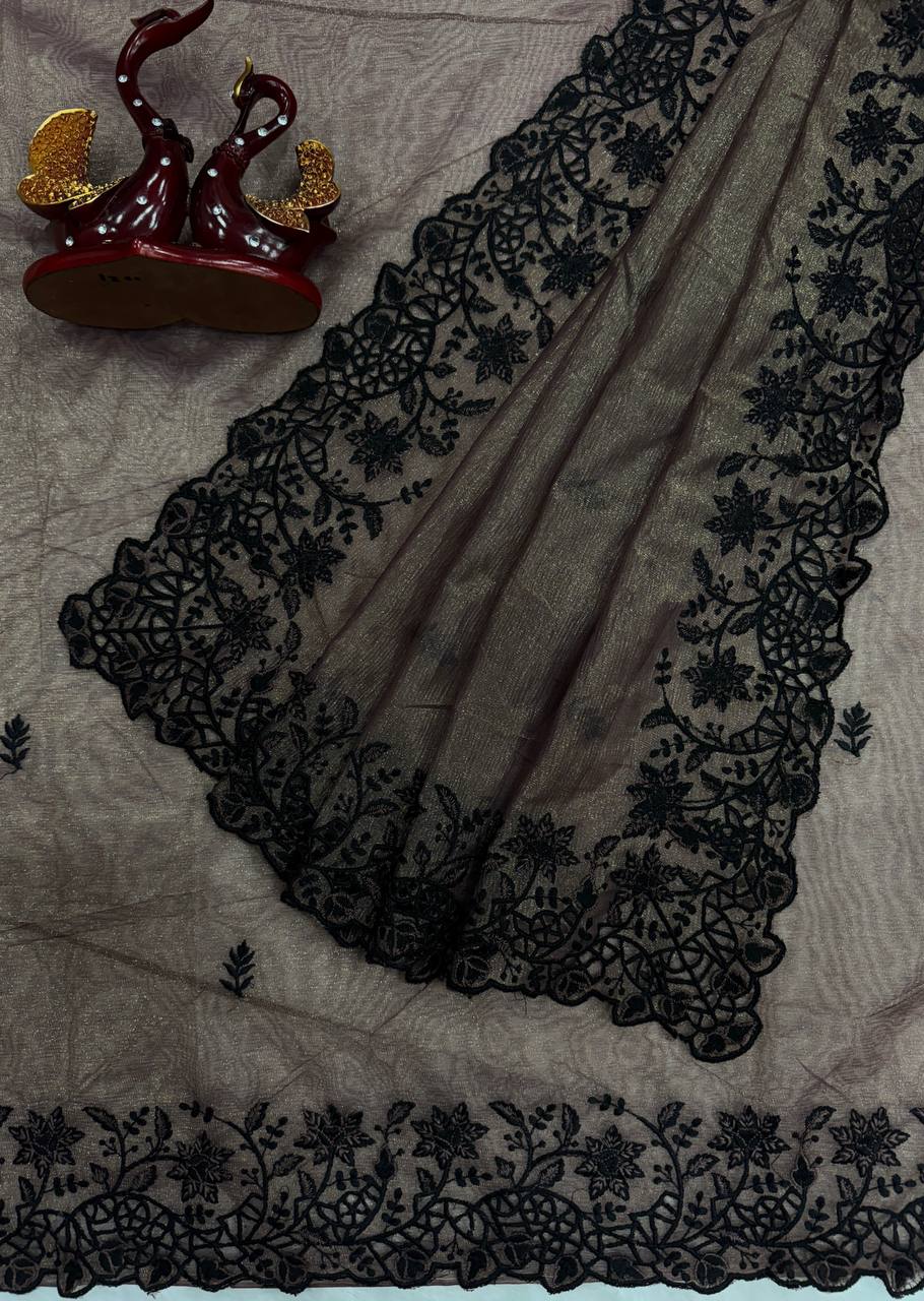 Gray Color Saree in Star Crush With Embroidery and Cut Work Border