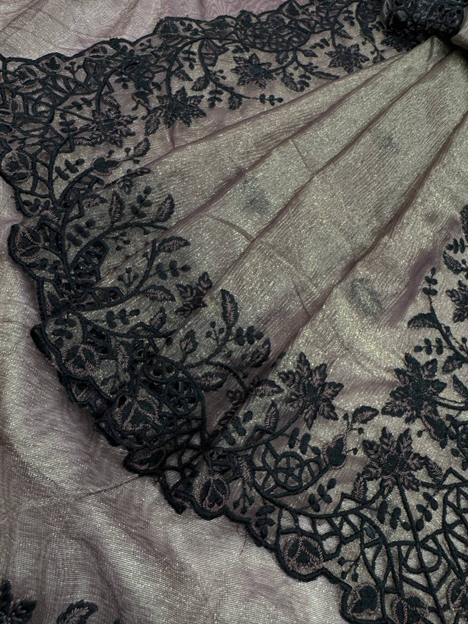 Gray Color Saree in Star Crush With Embroidery and Cut Work Border