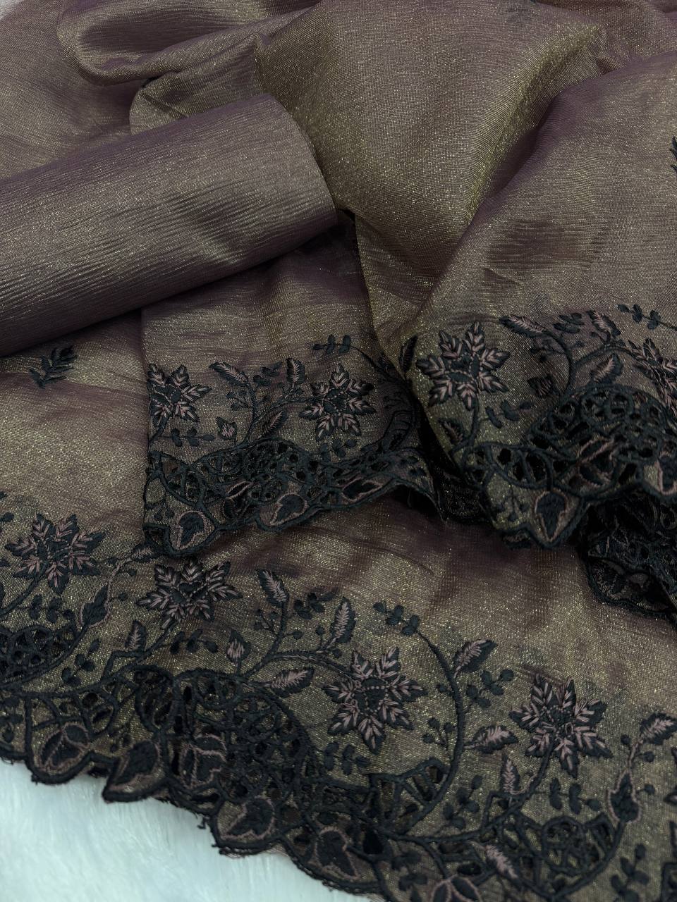 Gray Color Saree in Star Crush With Embroidery and Cut Work Border