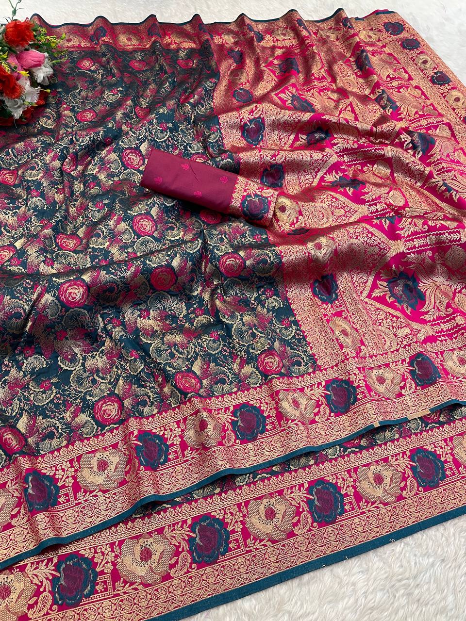 Staring Soft Banarasi Silk Saree With Groovy Blouse Piece