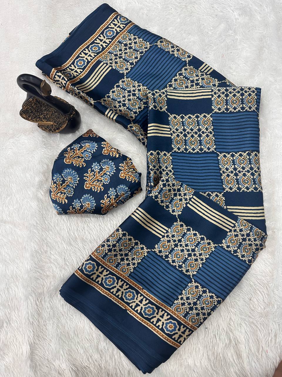 Redolent + Ajrakh Printed Gajji Soft Silk Saree With Deserving Blouse Piece