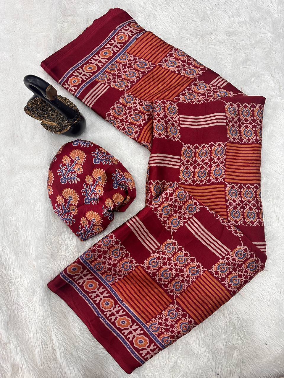 Redolent + Ajrakh Printed Gajji Soft Silk Saree With Deserving Blouse Piece