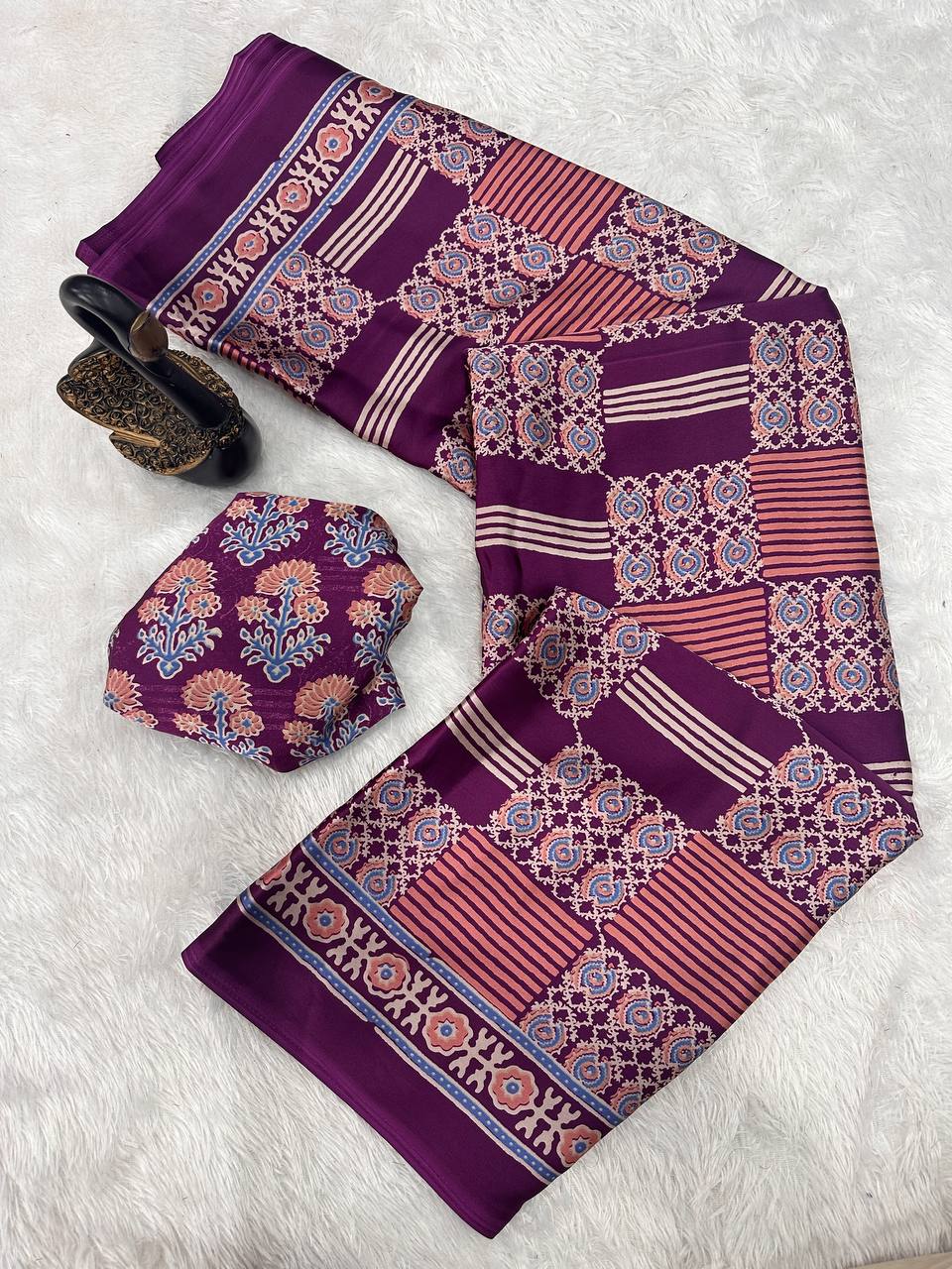 Redolent + Ajrakh Printed Gajji Soft Silk Saree With Deserving Blouse Piece