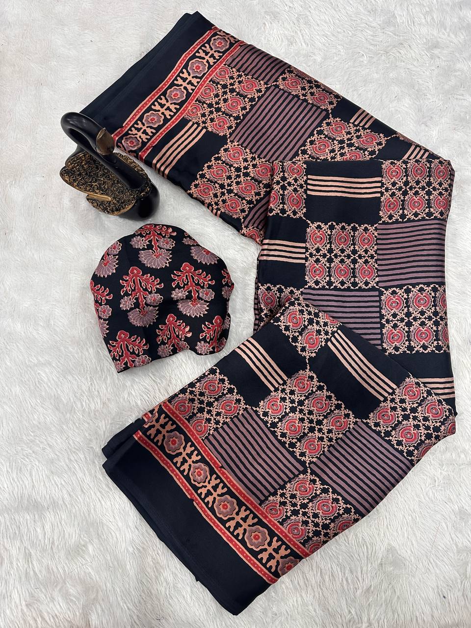 Redolent + Ajrakh Printed Gajji Soft Silk Saree With Deserving Blouse Piece