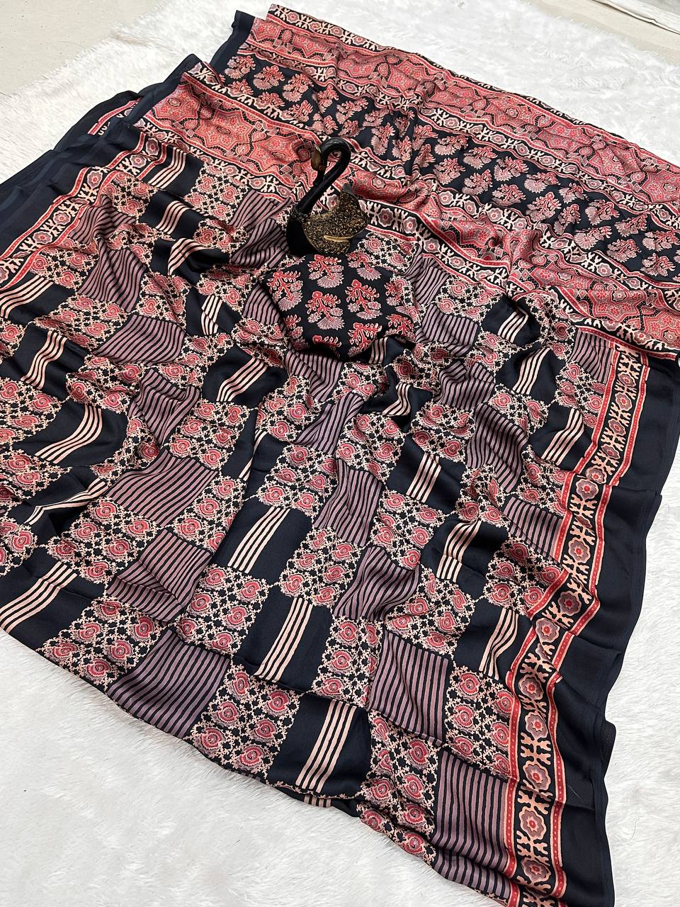 Redolent + Ajrakh Printed Gajji Soft Silk Saree With Deserving Blouse Piece