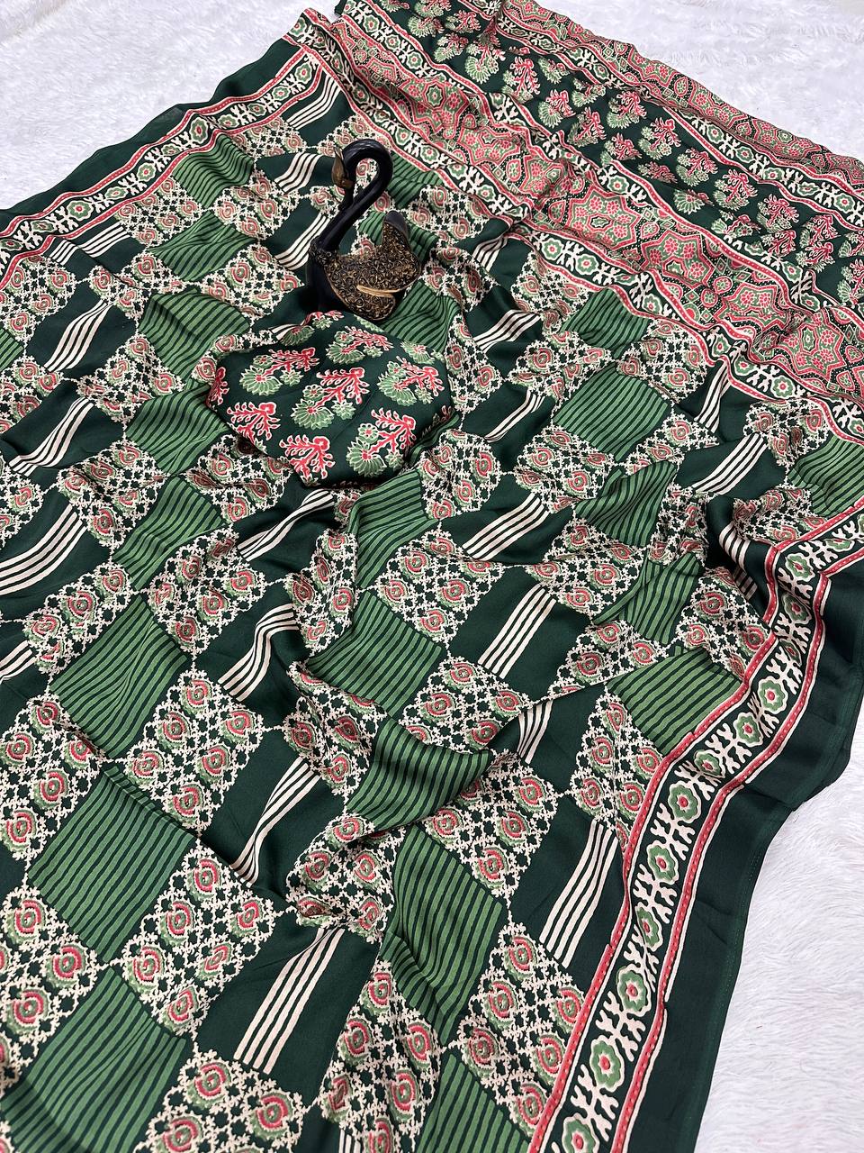 Redolent + Ajrakh Printed Gajji Soft Silk Saree With Deserving Blouse Piece