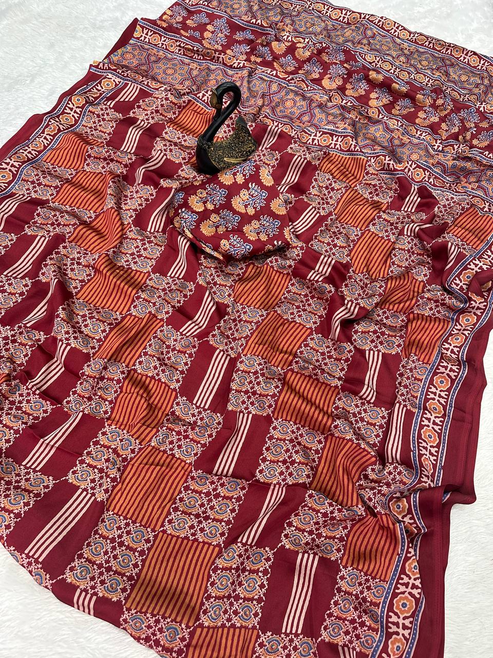 Redolent + Ajrakh Printed Gajji Soft Silk Saree With Deserving Blouse Piece