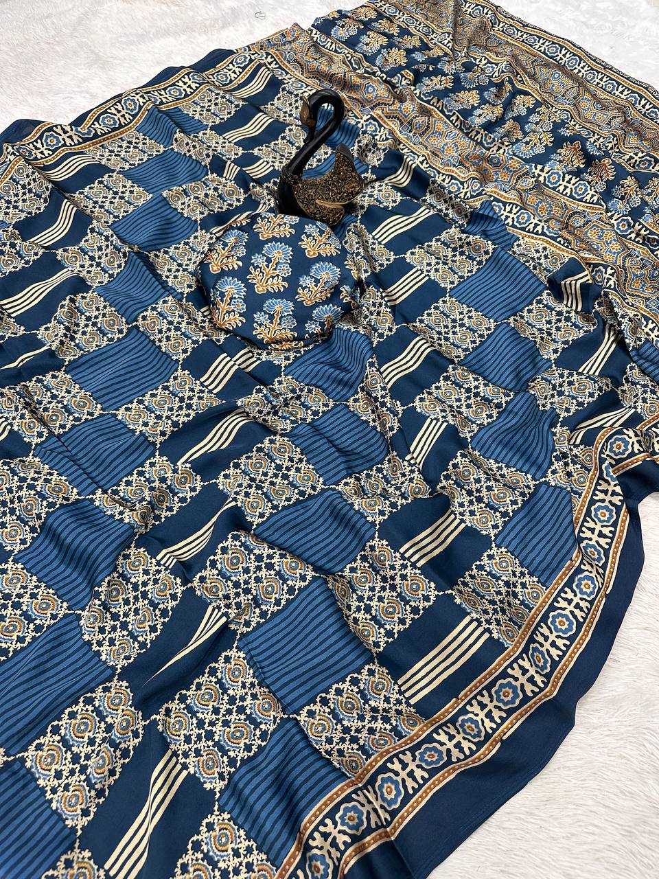 Redolent + Ajrakh Printed Gajji Soft Silk Saree With Deserving Blouse Piece