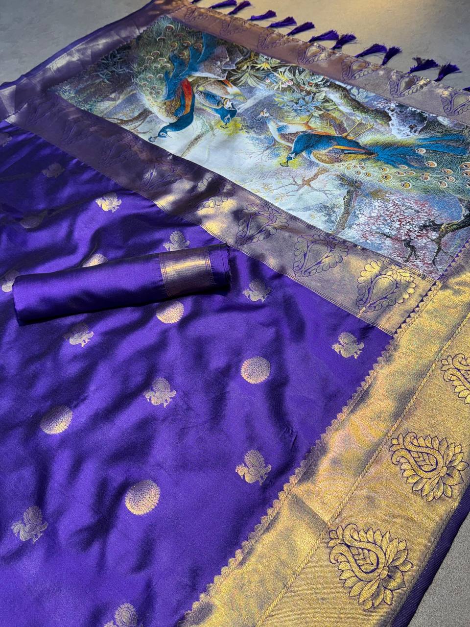 RICH ZARI KATAN SILK ZARI WEAVING SAREE WITH RICH ZARI 3D PALLU WEAVING BORDER WITH RUNNING BLOUSE - PURPLE