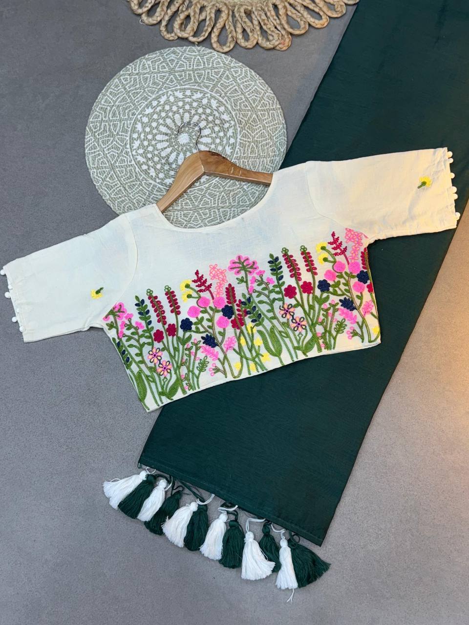 Handloom Khadi Cotton Green  Saree With Rich looking Blouse