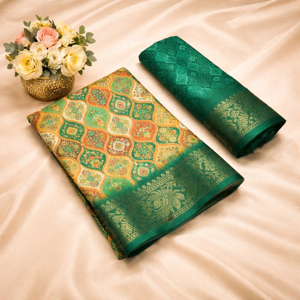 Multicolor Designer Banarasi Dola Silk Saree with Rich Zari Border & Pallu - GREEN