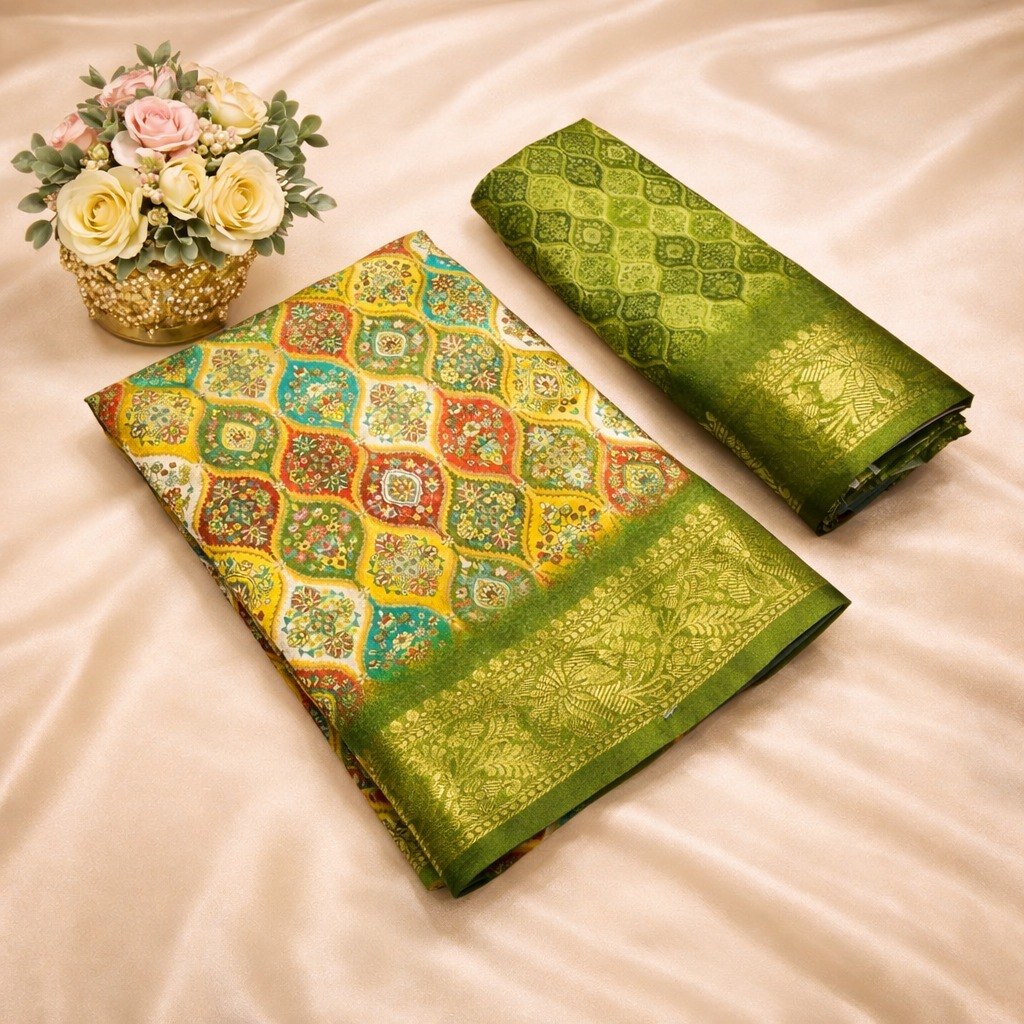 Multicolor Designer Banarasi Dola Silk Saree with Rich Zari Border & Pallu - PISTA