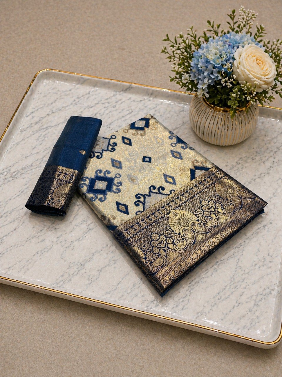 Heritage Ivory Banarasi Saree with Royal Zari Weaving - NAVY BLUE