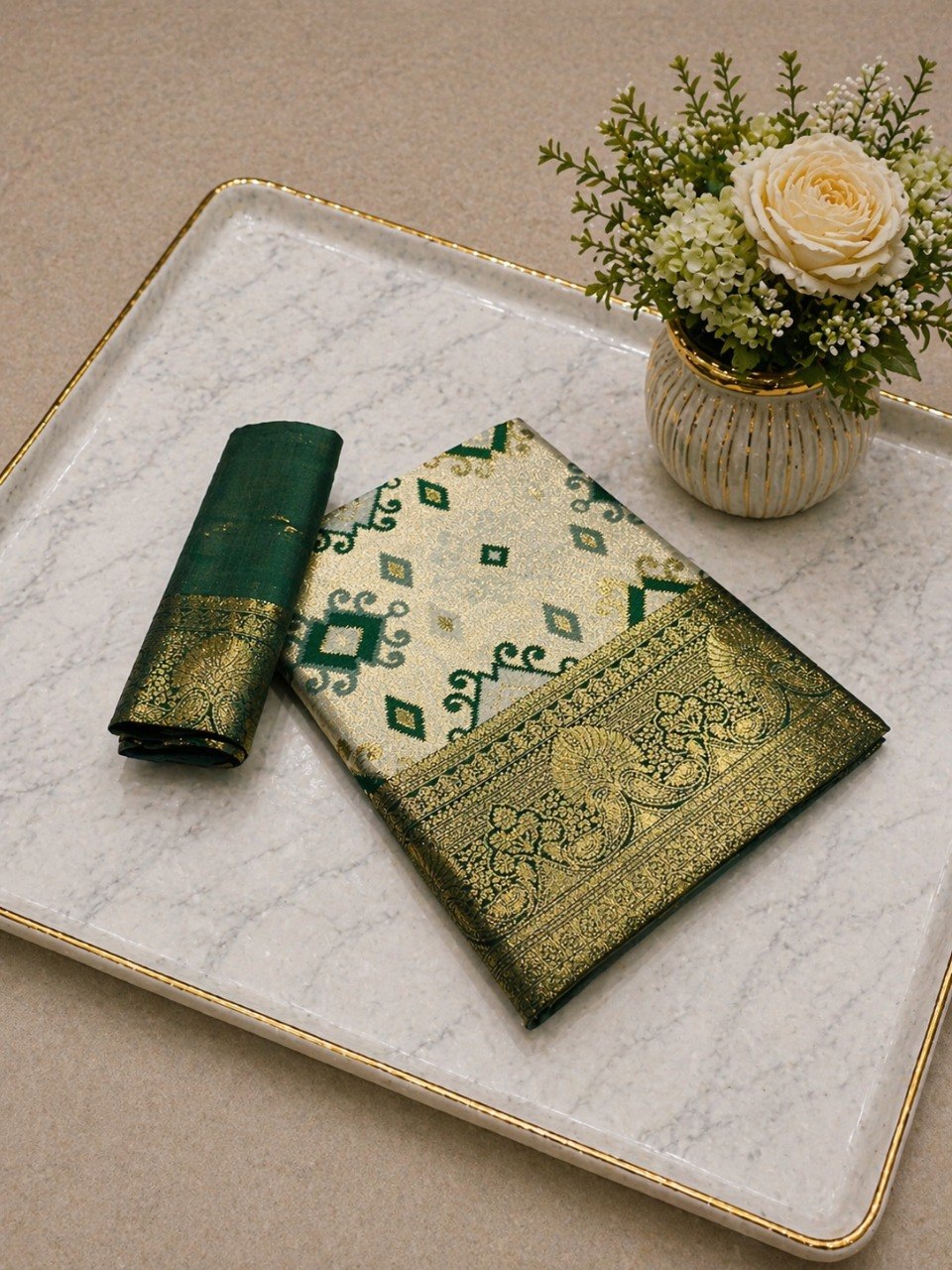 Heritage Ivory Banarasi Saree with Royal Zari Weaving - GREEN