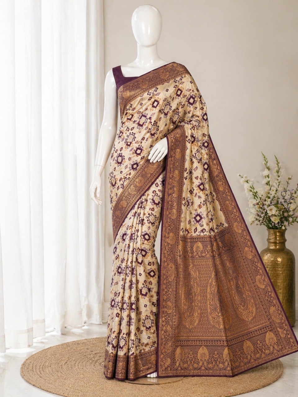 Heritage Ivory Banarasi Saree with Royal Zari Weaving -WINE