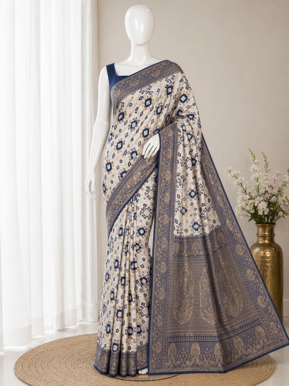 Heritage Ivory Banarasi Saree with Royal Zari Weaving - NAVY BLUE