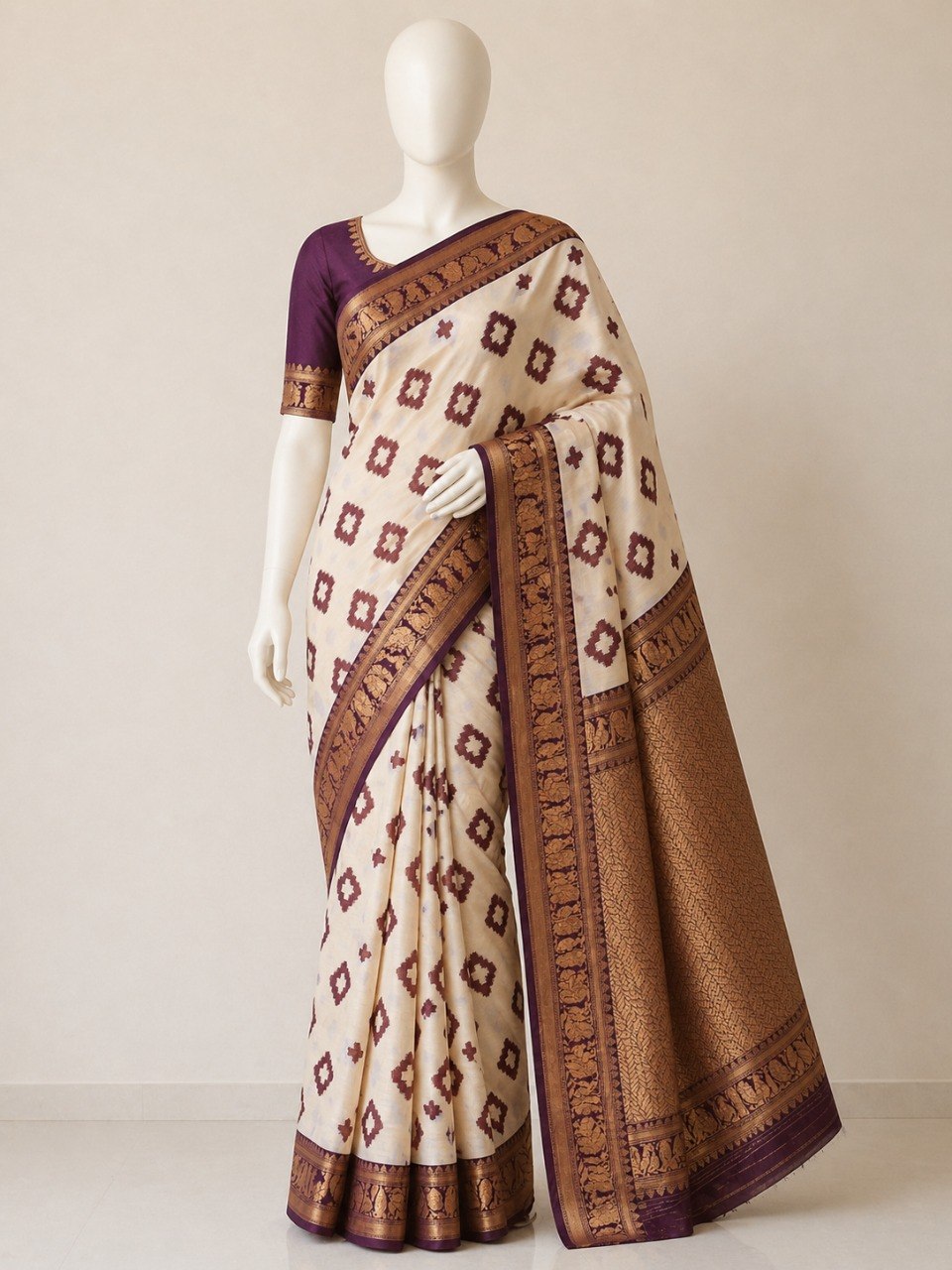 Premium Linen Cotton Saree with Floral Ethnic Weaving - WINE