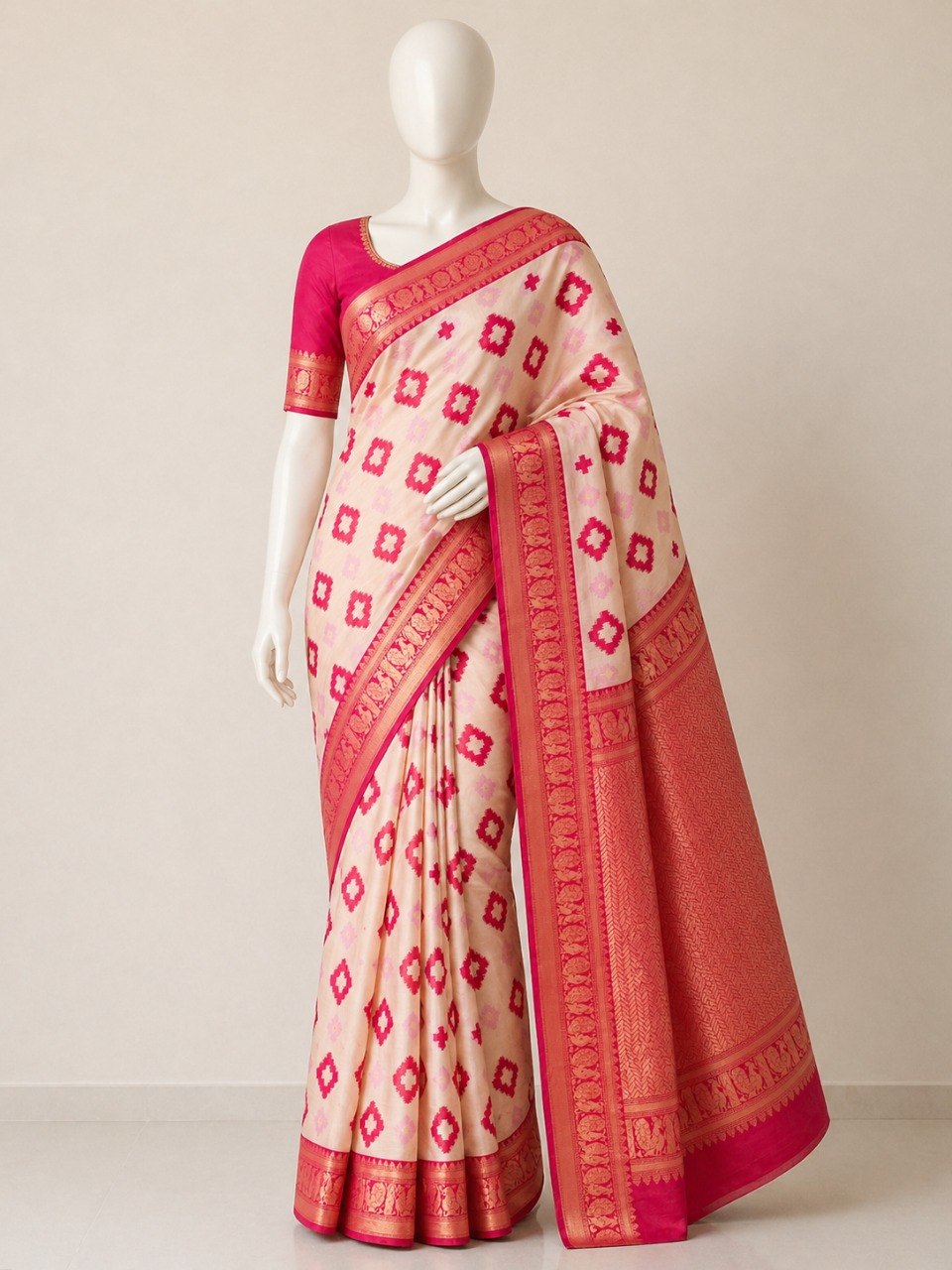 Premium Linen Cotton Saree with Floral Ethnic Weaving - PINK