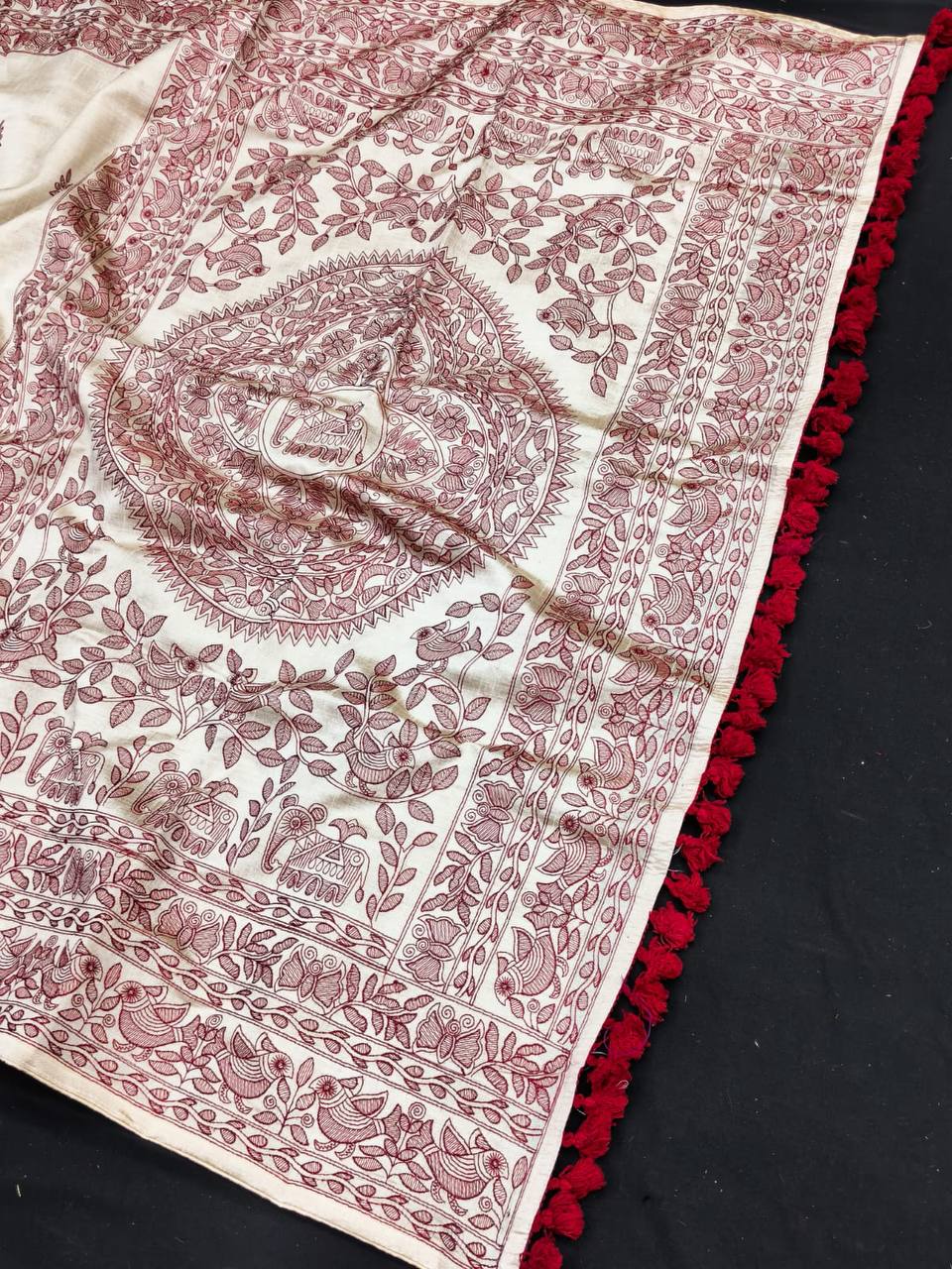 Embroidered Tussar Silk Saree with Piping Border & Blouse