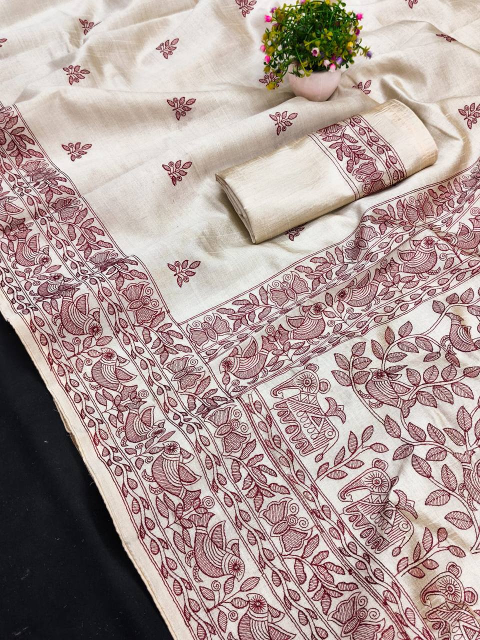 Embroidered Tussar Silk Saree with Piping Border & Blouse