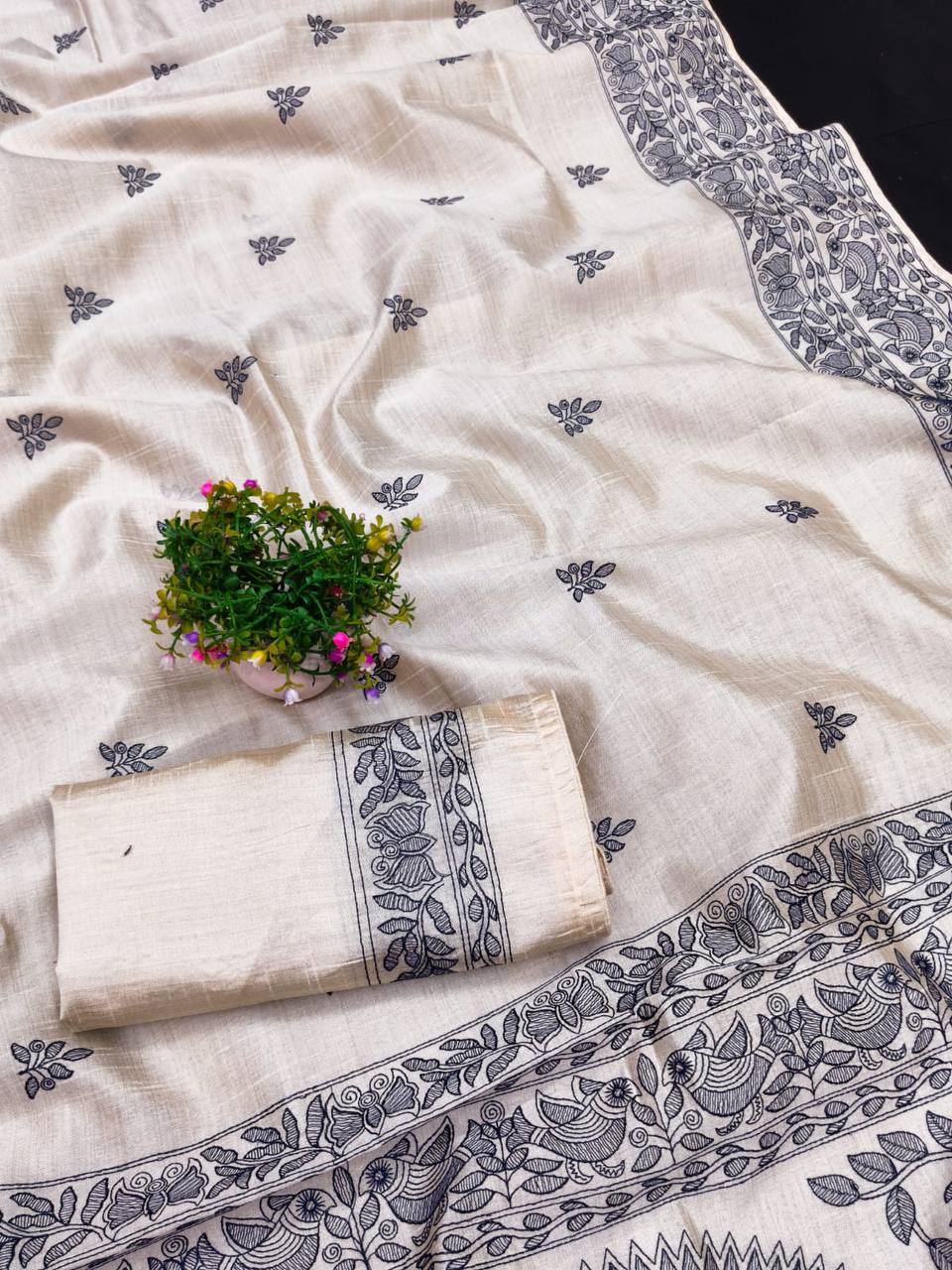 Embroidered Tussar Silk Saree with Piping Border & Blouse