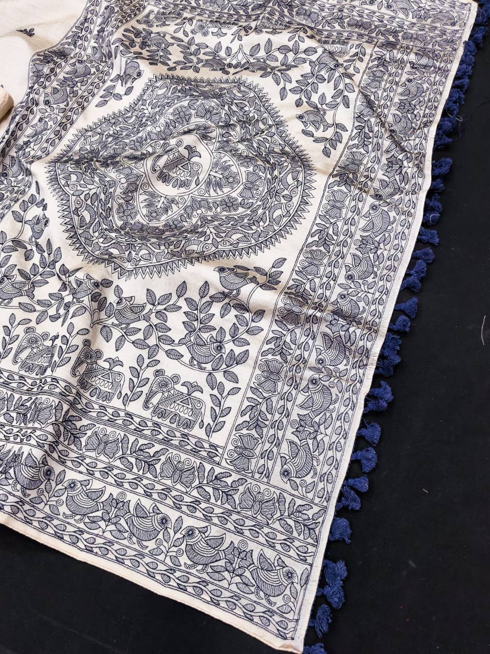 Embroidered Tussar Silk Saree with Piping Border & Blouse