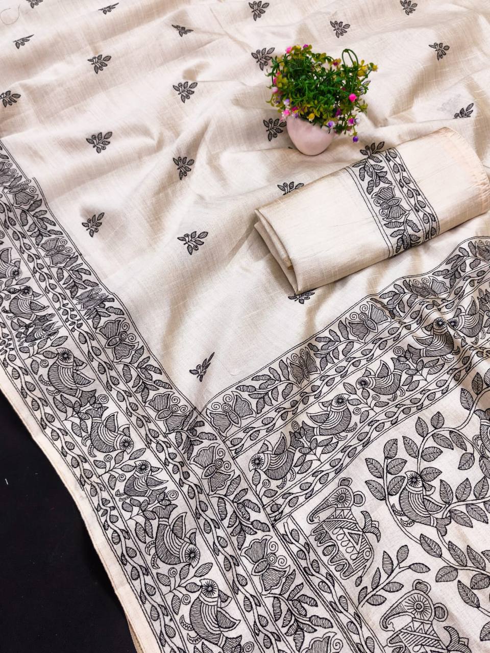 Embroidered Tussar Silk Saree with Piping Border & Blouse