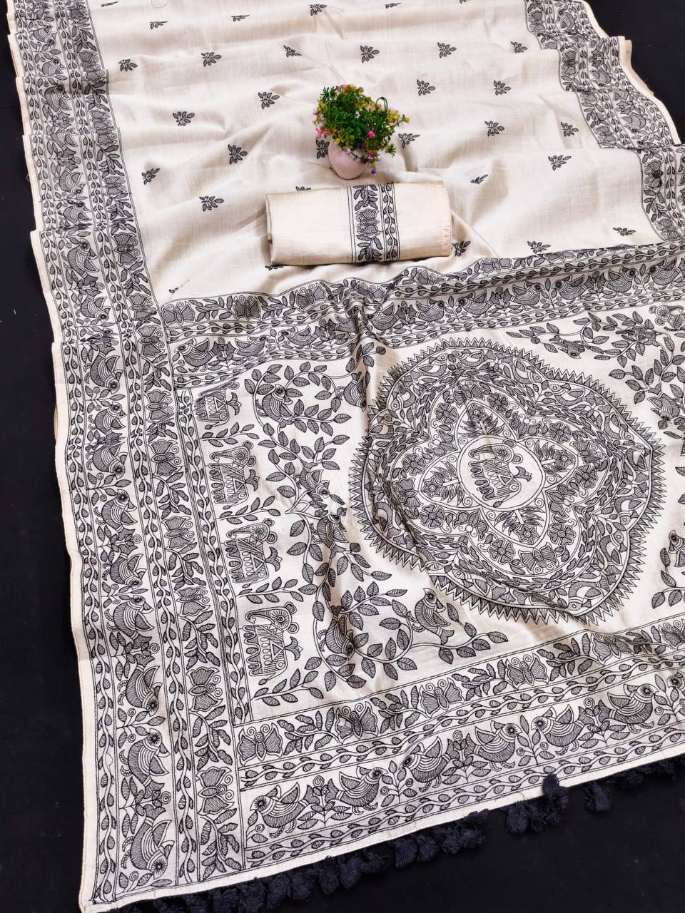 Embroidered Tussar Silk Saree with Piping Border & Blouse