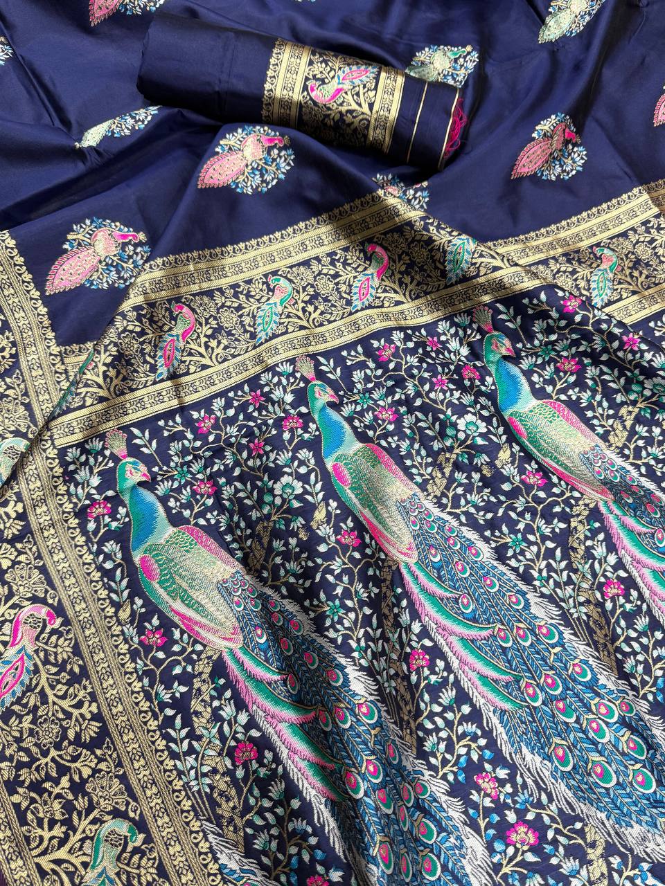 Opulent Dark Blue Soft BanarasI Silk Saree With Ephemeral Blouse Piece