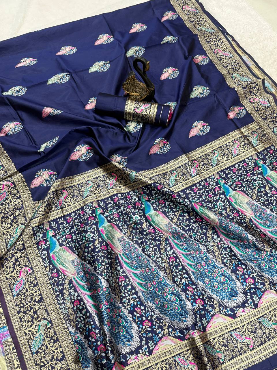 Opulent Dark Blue Soft BanarasI Silk Saree With Ephemeral Blouse Piece