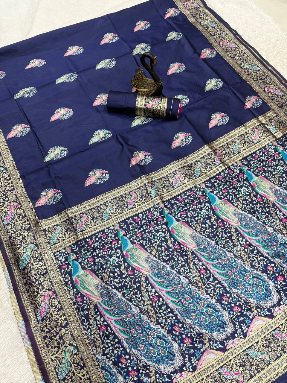 Opulent Dark Blue Soft BanarasI Silk Saree With Ephemeral Blouse Piece