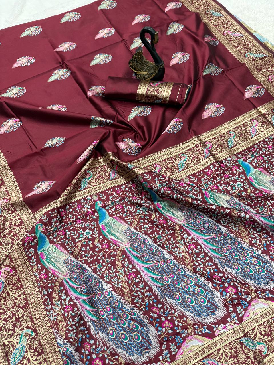 Opulent maroon  Soft BanarasI Silk Saree With Ephemeral Blouse Piece
