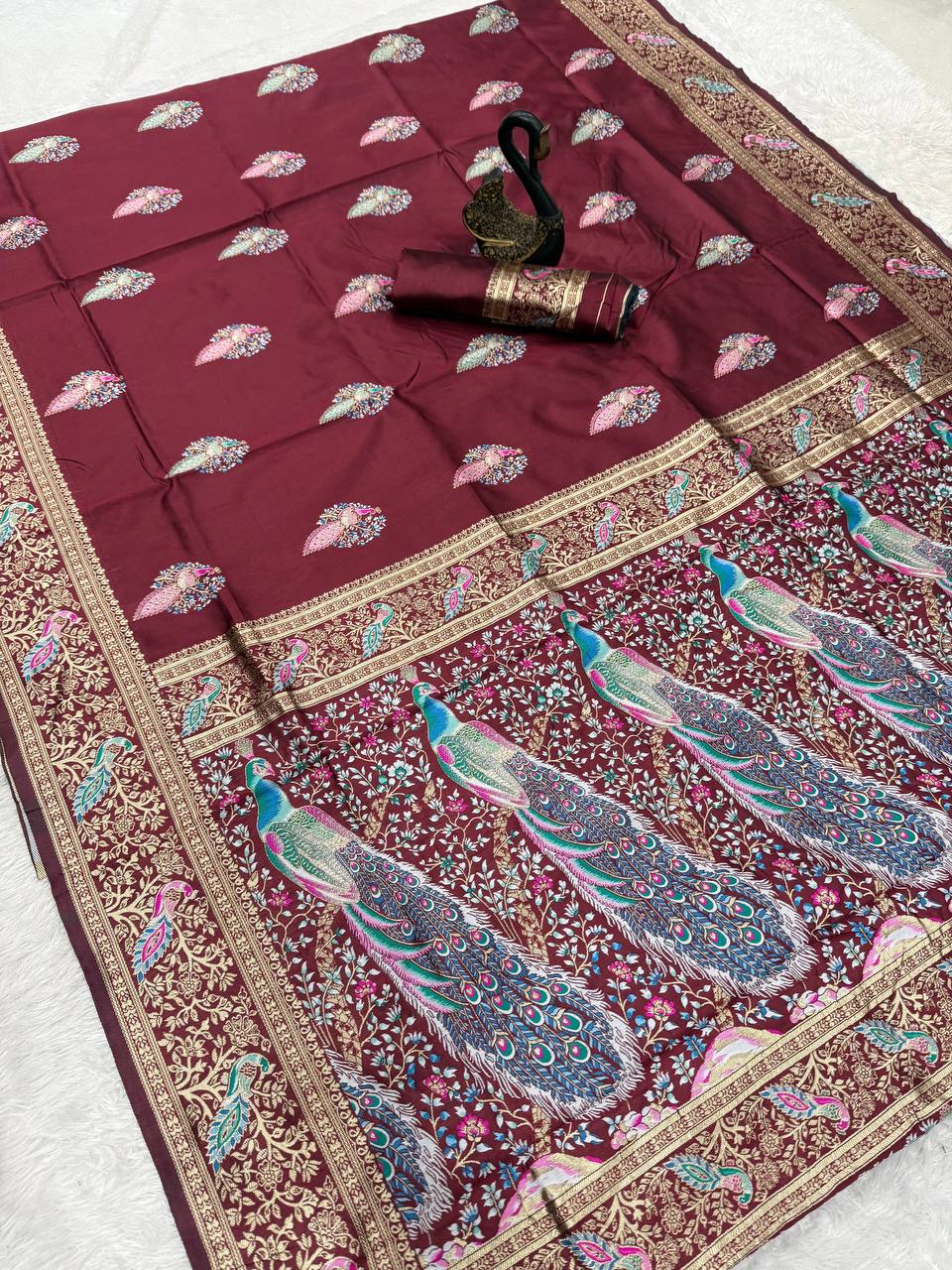 Opulent maroon  Soft BanarasI Silk Saree With Ephemeral Blouse Piece