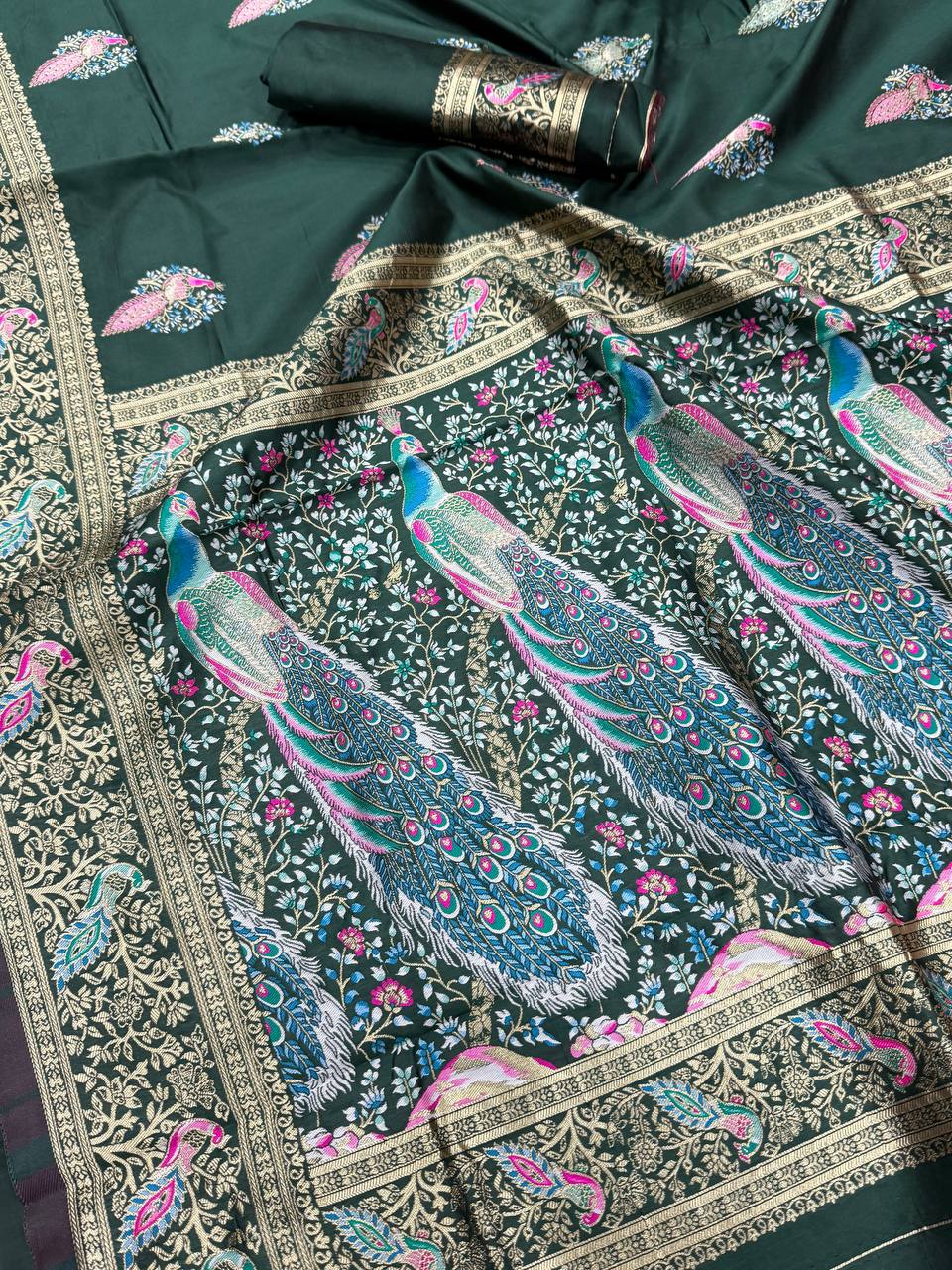 Opulent Dark Green  Soft BanarasI Silk Saree With Ephemeral Blouse Piece