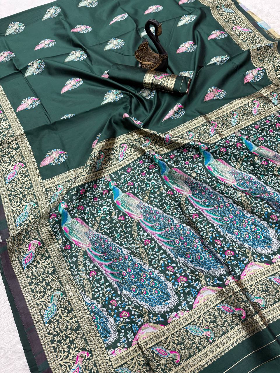 Opulent Dark Green  Soft BanarasI Silk Saree With Ephemeral Blouse Piece