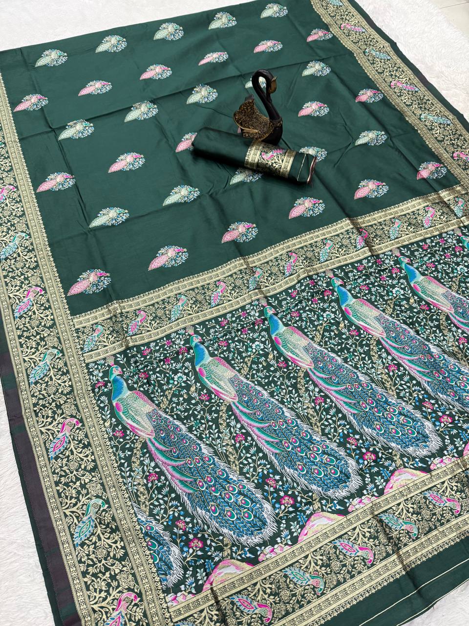 Opulent Dark Green  Soft BanarasI Silk Saree With Ephemeral Blouse Piece