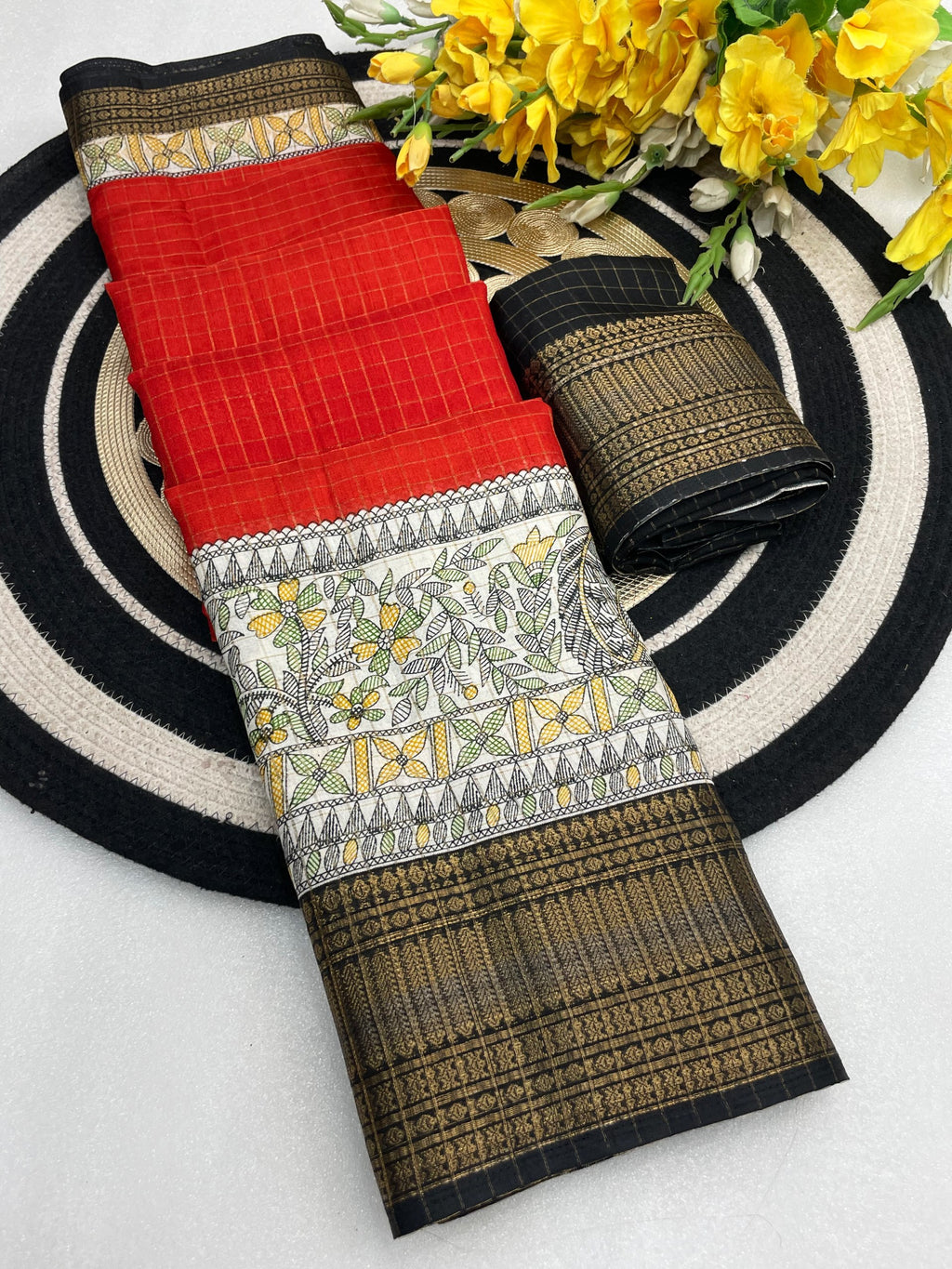 Royal Two-Tone Dolla Checks Saree With Jacquard Border & Contrast Designer Blouse -RED