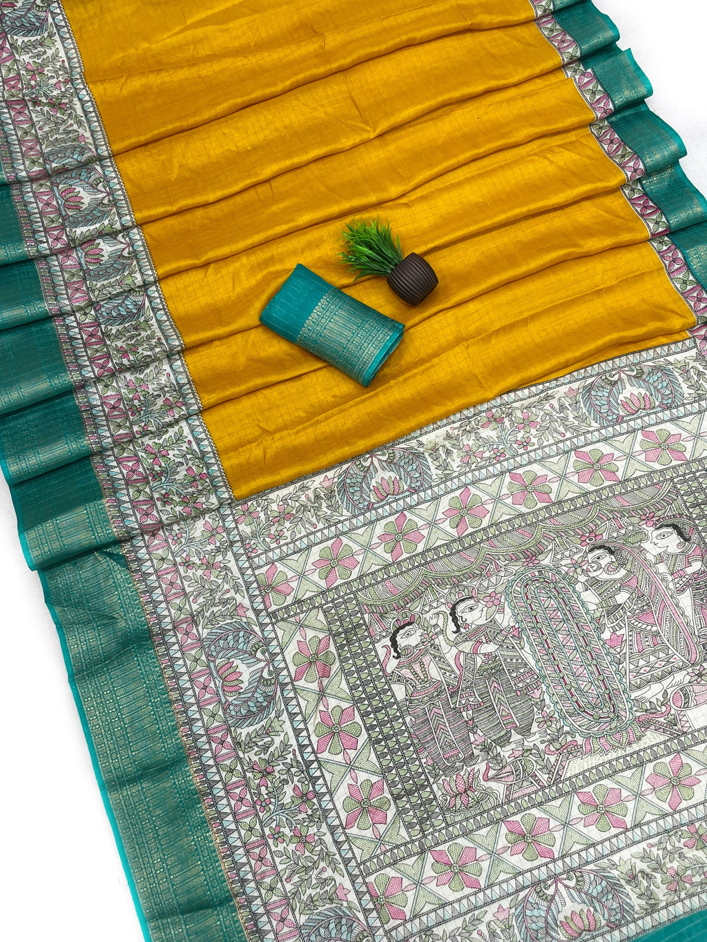 Royal Two-Tone Dolla Checks Saree With Jacquard Border & Contrast Designer Blouse -YELLOW