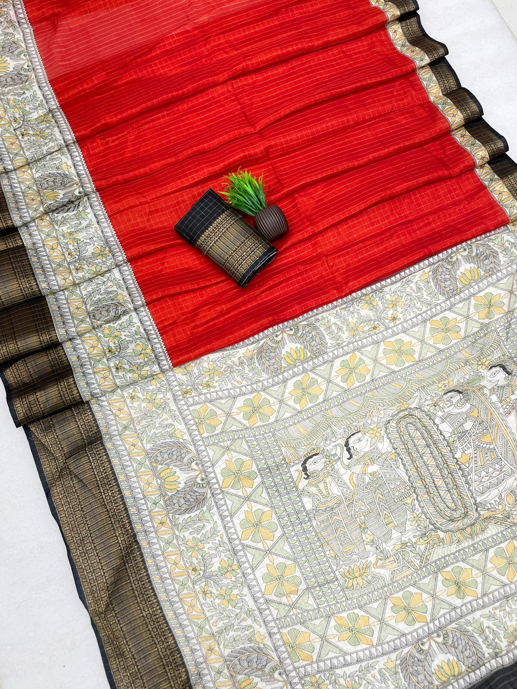 Royal Two-Tone Dolla Checks Saree With Jacquard Border & Contrast Designer Blouse -RED