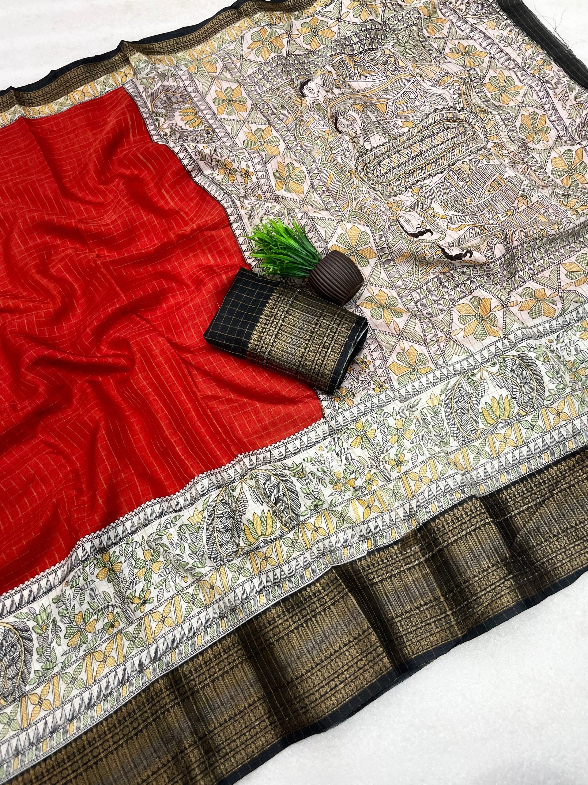 Royal Two-Tone Dolla Checks Saree With Jacquard Border & Contrast Designer Blouse -RED
