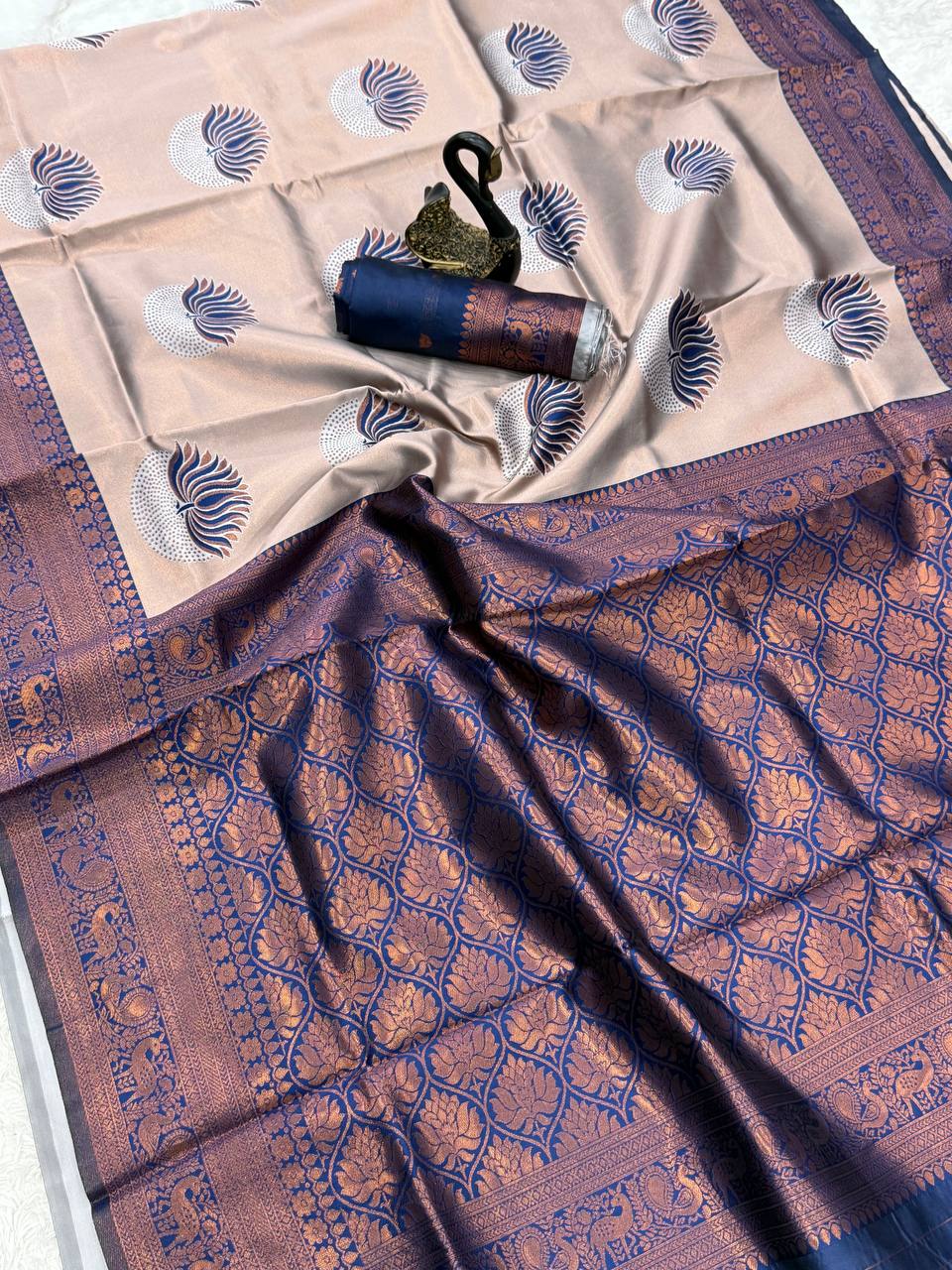 Inspiring Beige and Blue Soft Silk Saree With Murmurous Blouse Piece