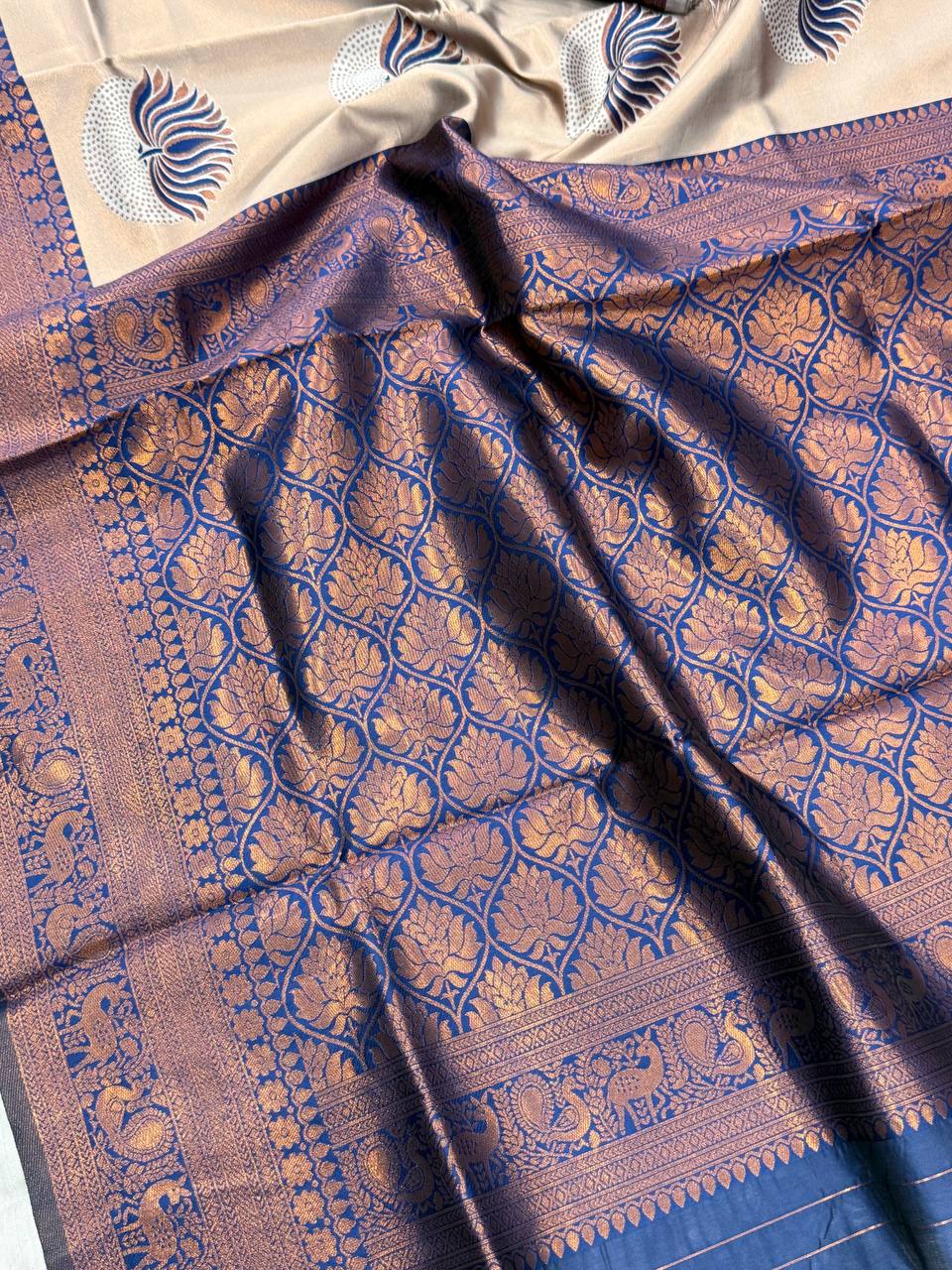 Inspiring Beige and Blue Soft Silk Saree With Murmurous Blouse Piece