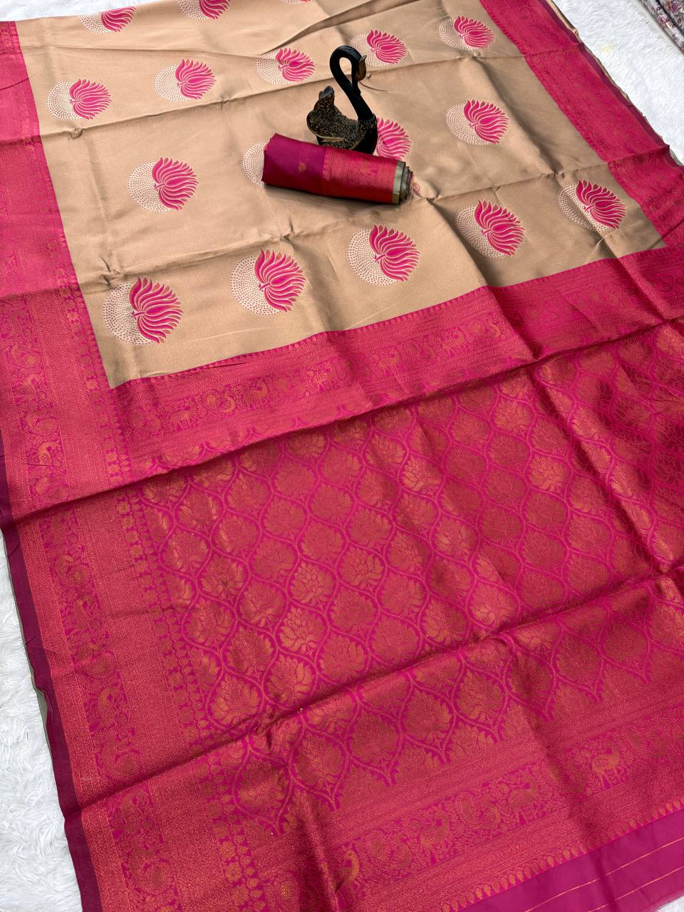 Inspiring Beige and Pink Soft Silk Saree With Murmurous Blouse Piece