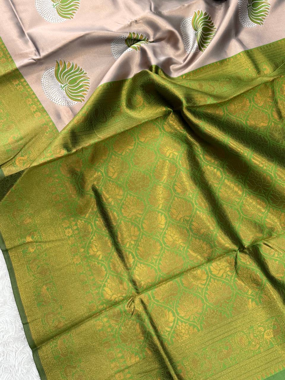 Inspiring Beige and Green Soft Silk Saree With Murmurous Blouse Piece