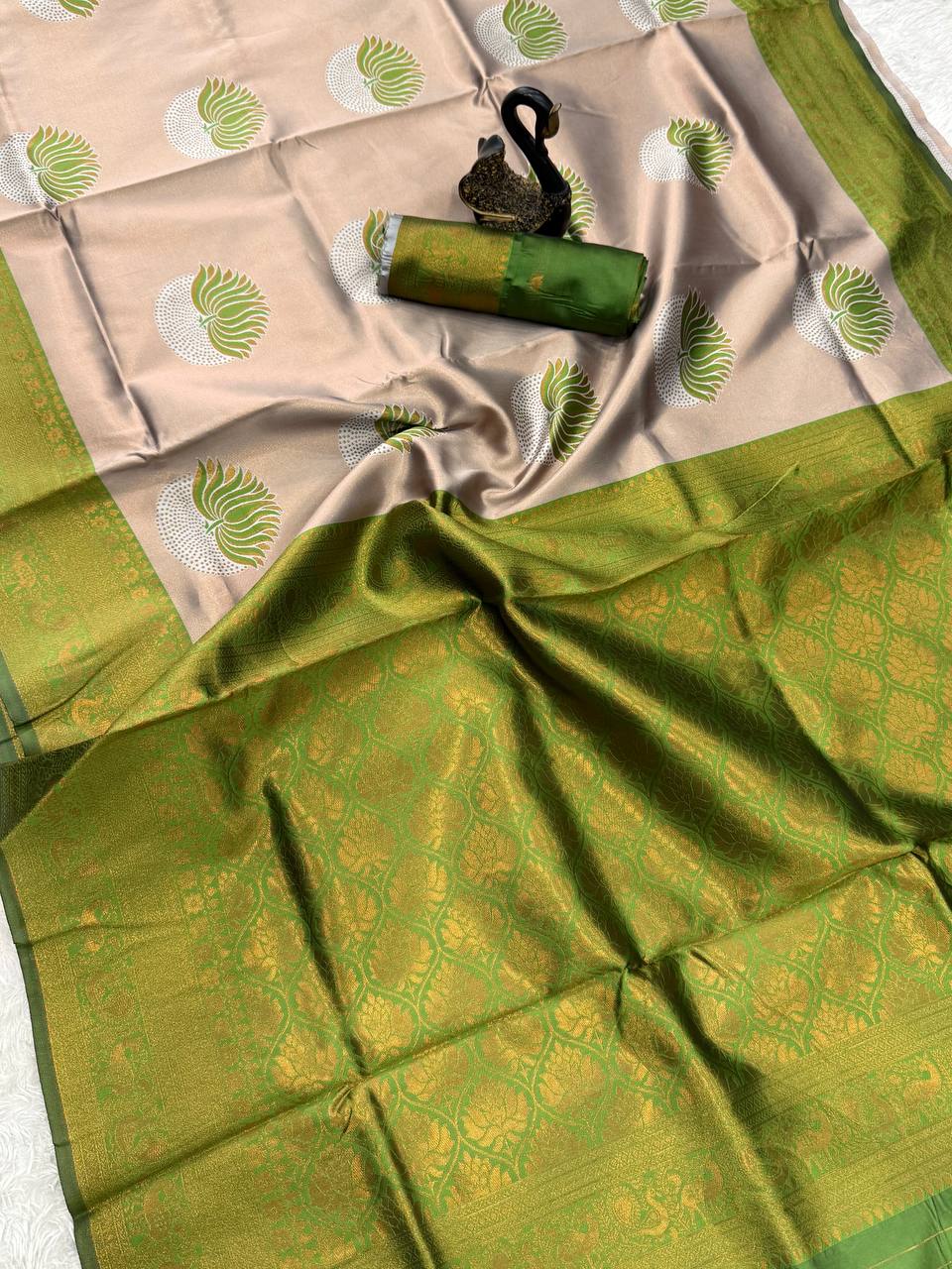 Inspiring Beige and Green Soft Silk Saree With Murmurous Blouse Piece