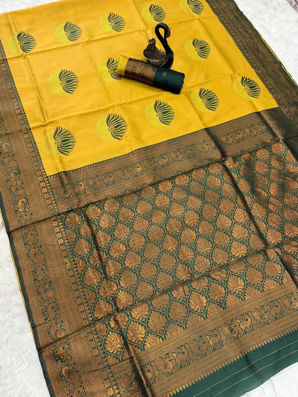 Inspiring Beige and yellow Soft Silk Saree With Murmurous Blouse Piece