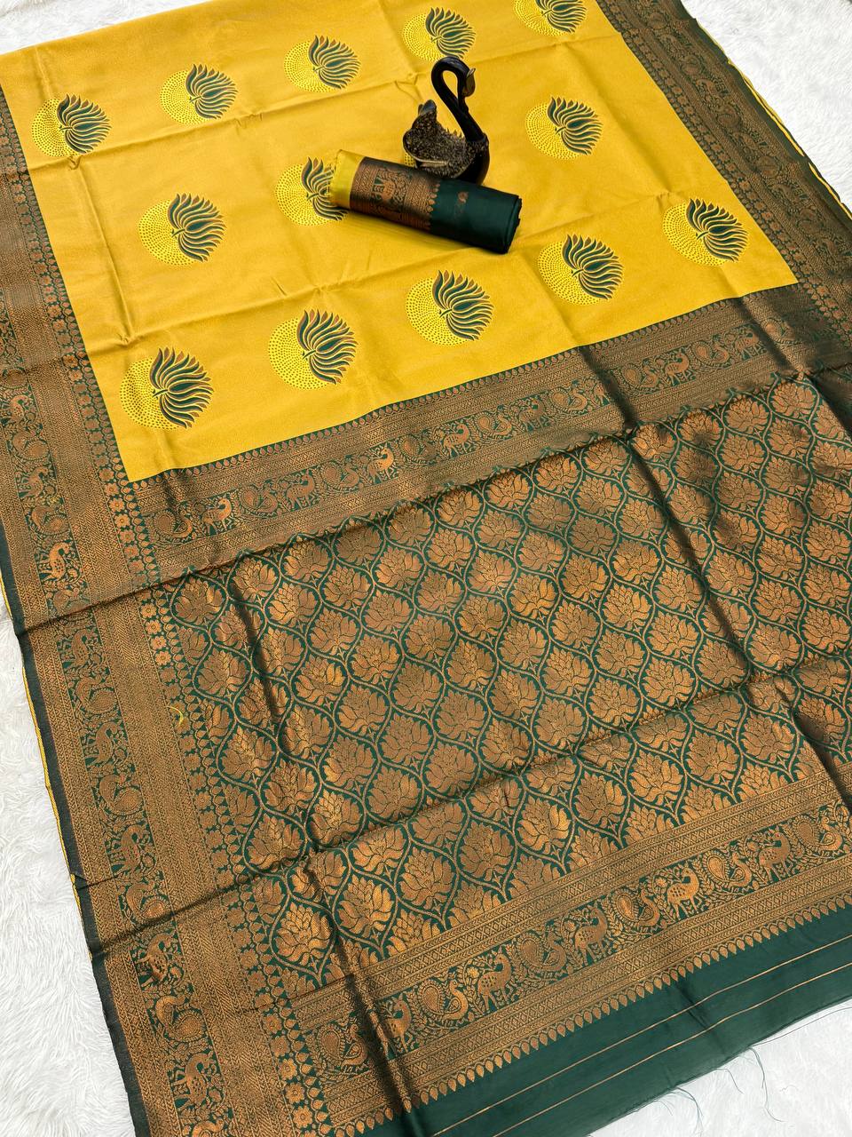 Inspiring Beige and yellow Soft Silk Saree With Murmurous Blouse Piece