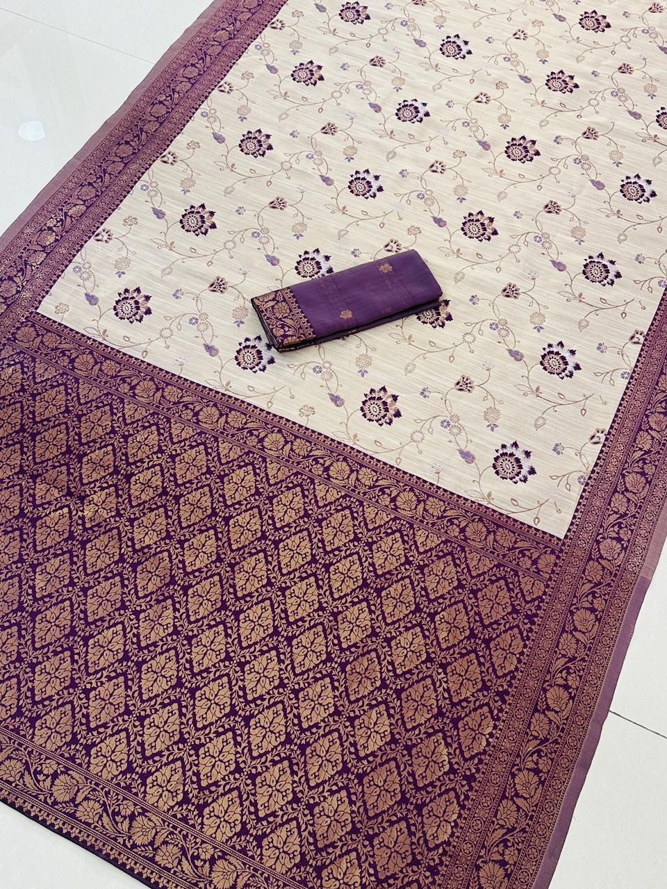 Festive Special Banarasi Silk Saree in Royal Ivory Tone - PURPLE
