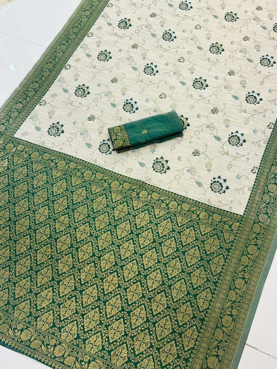 Festive Special Banarasi Silk Saree in Royal Ivory Tone - GREEN