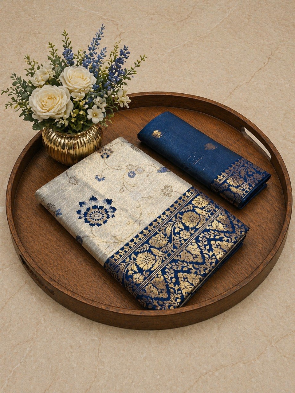 Festive Special Banarasi Silk Saree in Royal Ivory Tone - BLUE